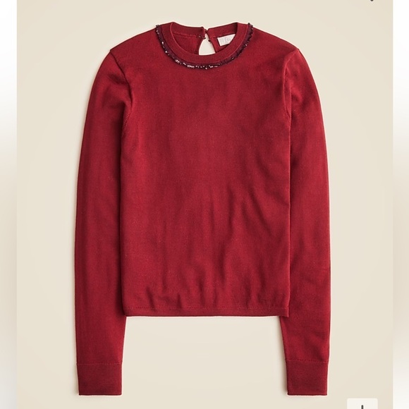 J crew burgundy Carolyn embellished fitted crewneck sweater in merino wool - Picture 3 of 5